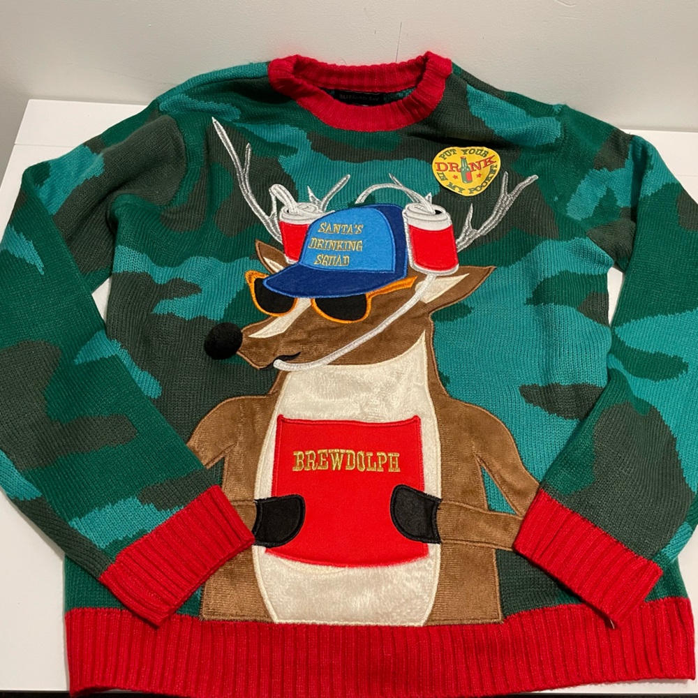Blizzard Bay Drinking Reindeer Ugly Christmas Sweater Choice Size Medium Camo